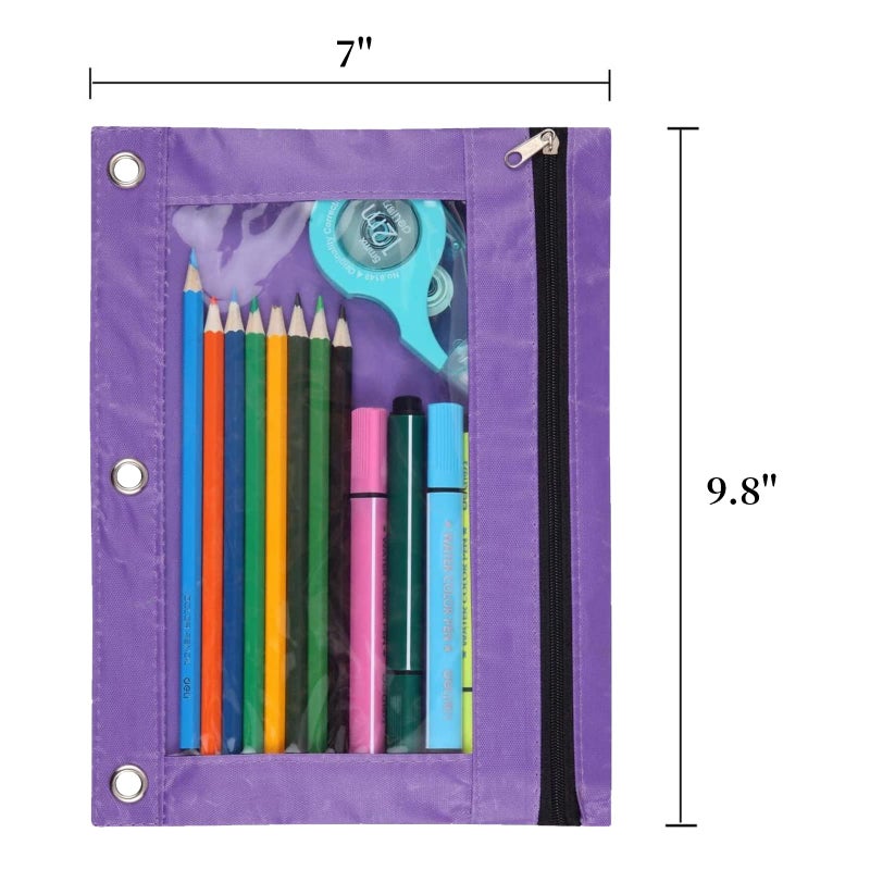 WODISON 3-Ring Pen Pencil Pouch with Clear Window Stationery Bag Binder Case Classroom Organizers Purple - Image 2